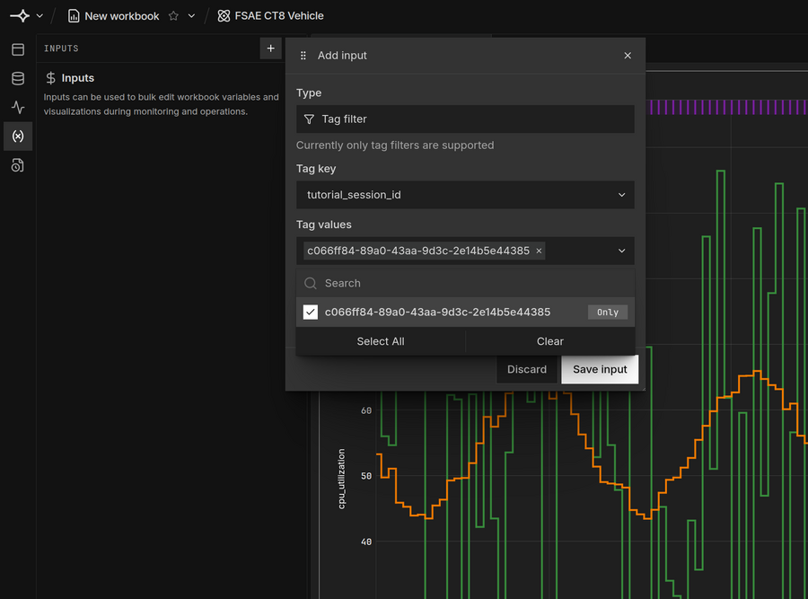 Adding a tutorial_session_id tag filter in the workbook Inputs panel